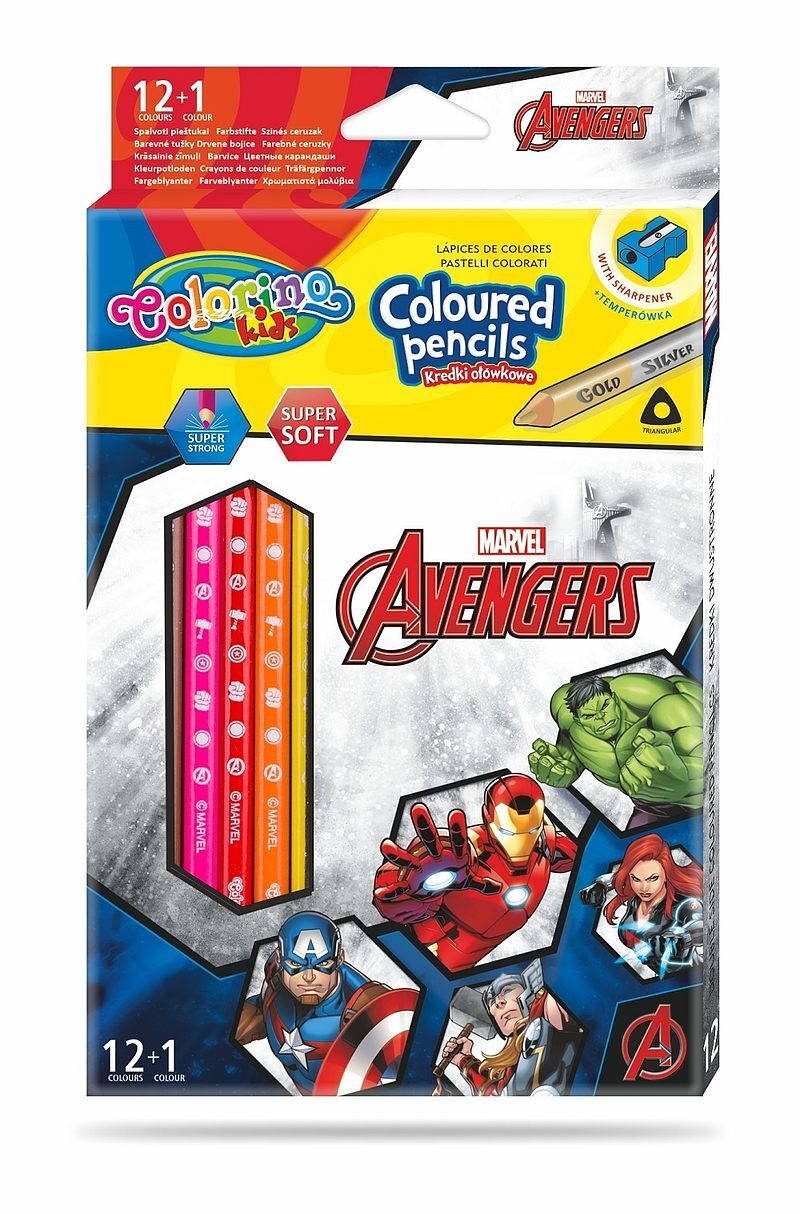 Kredki ołówkowe trójkątne colorino kids 13 kolorów 12 sztuk z temperówką avengers