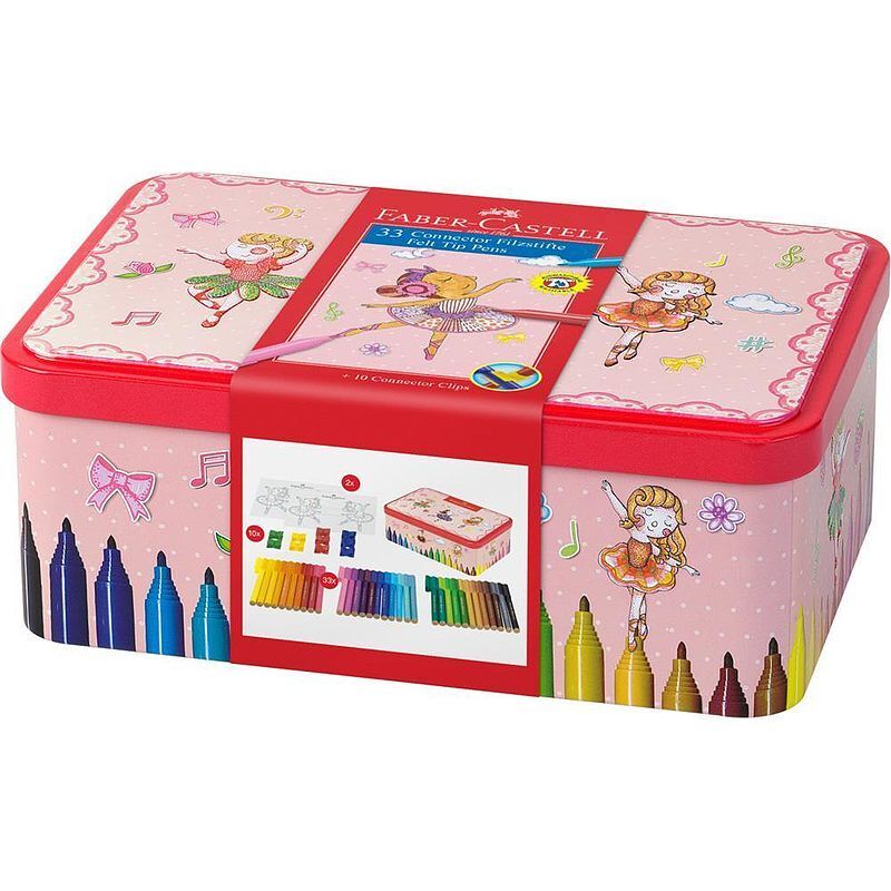 Flamastry connector faber-castell  33 sztuki w metalowej szkatułce upominkowej ballerina