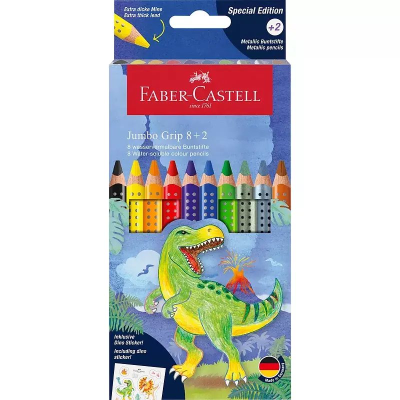 Kredki jumbo grip faber-castell  8 kolorów + 2  kolory metaliczne + naklejki