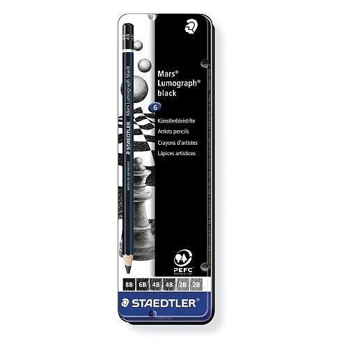 Ołówek black sześciokątny staedtler mars lumograph 6 sztuk, 4 grubości, w metalowym opakowaniu