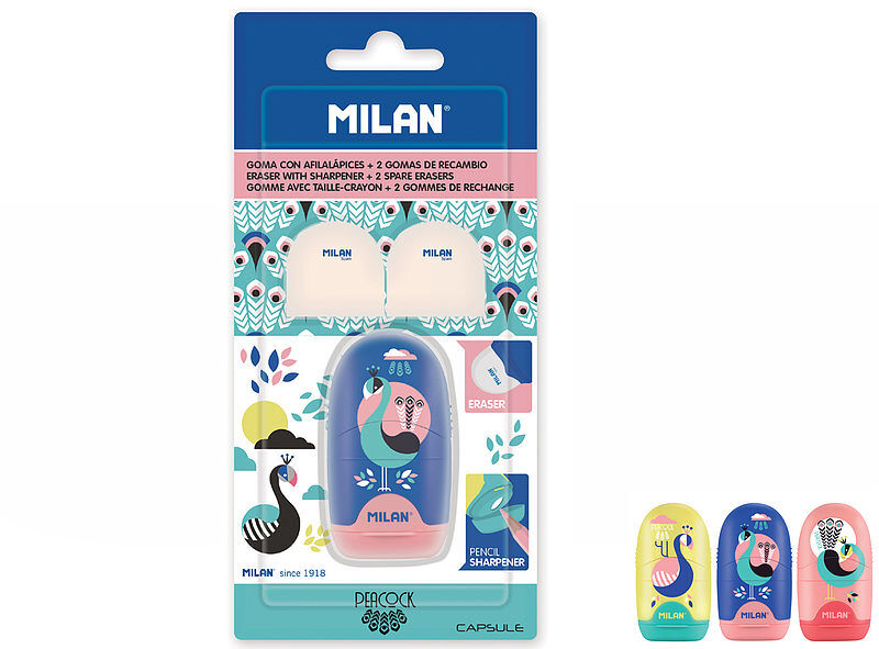 Temperówka z gumką milan capsule peacock + 2 gumki zapasowe blister mix