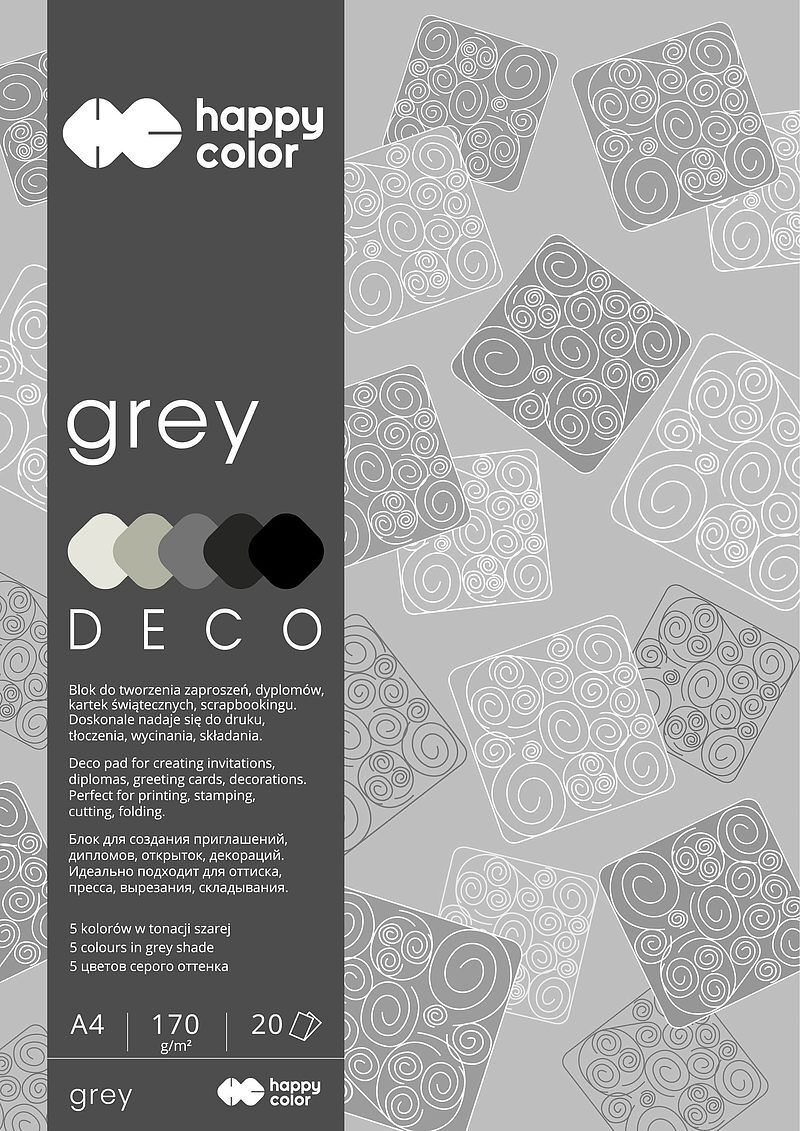 Blok happy color deco grey a4 5 kolorów 20 arkuszy 170g, tonacja szara