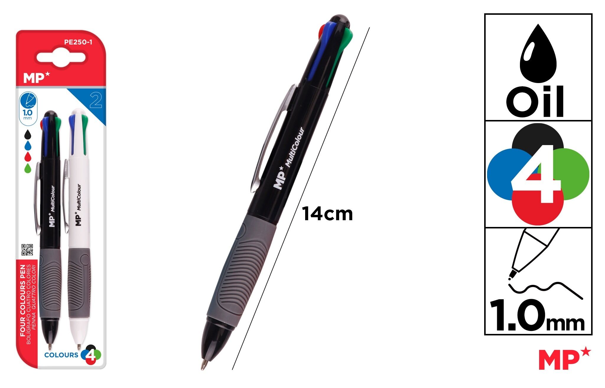 Długopis olejowy MP 1.0mm 4 kolory 2szt. blister