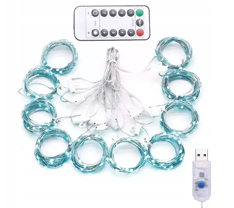 Lampki kurtyna usb 200 led 3x2 biały zimny + pilot