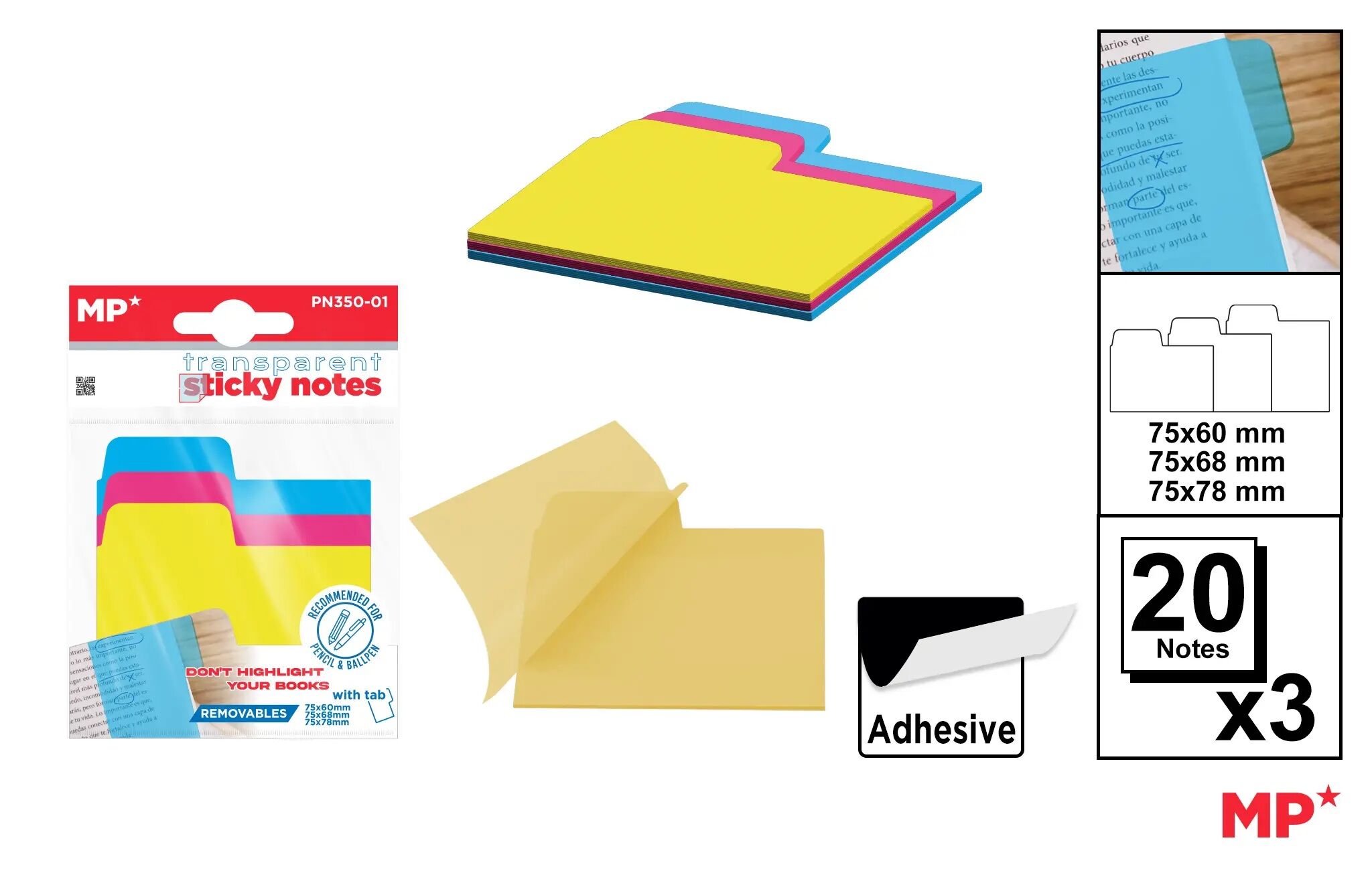 Karteczki samoprzylepne indeksujące przezroczyste 75x60mm 3x20szt