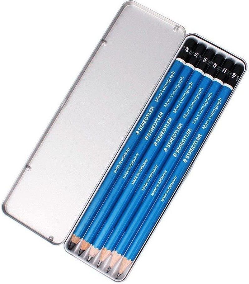 Ołówek sześciokątny staedtler mars lumograph 6 sztuk, 6 grubości, w metalowym opakowaniu