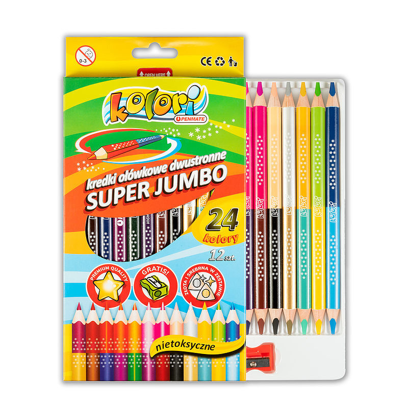 Kredki ołówkowe penmate kolori premium trójkątne dwustronne jumbo 12 szt. 24 kolory