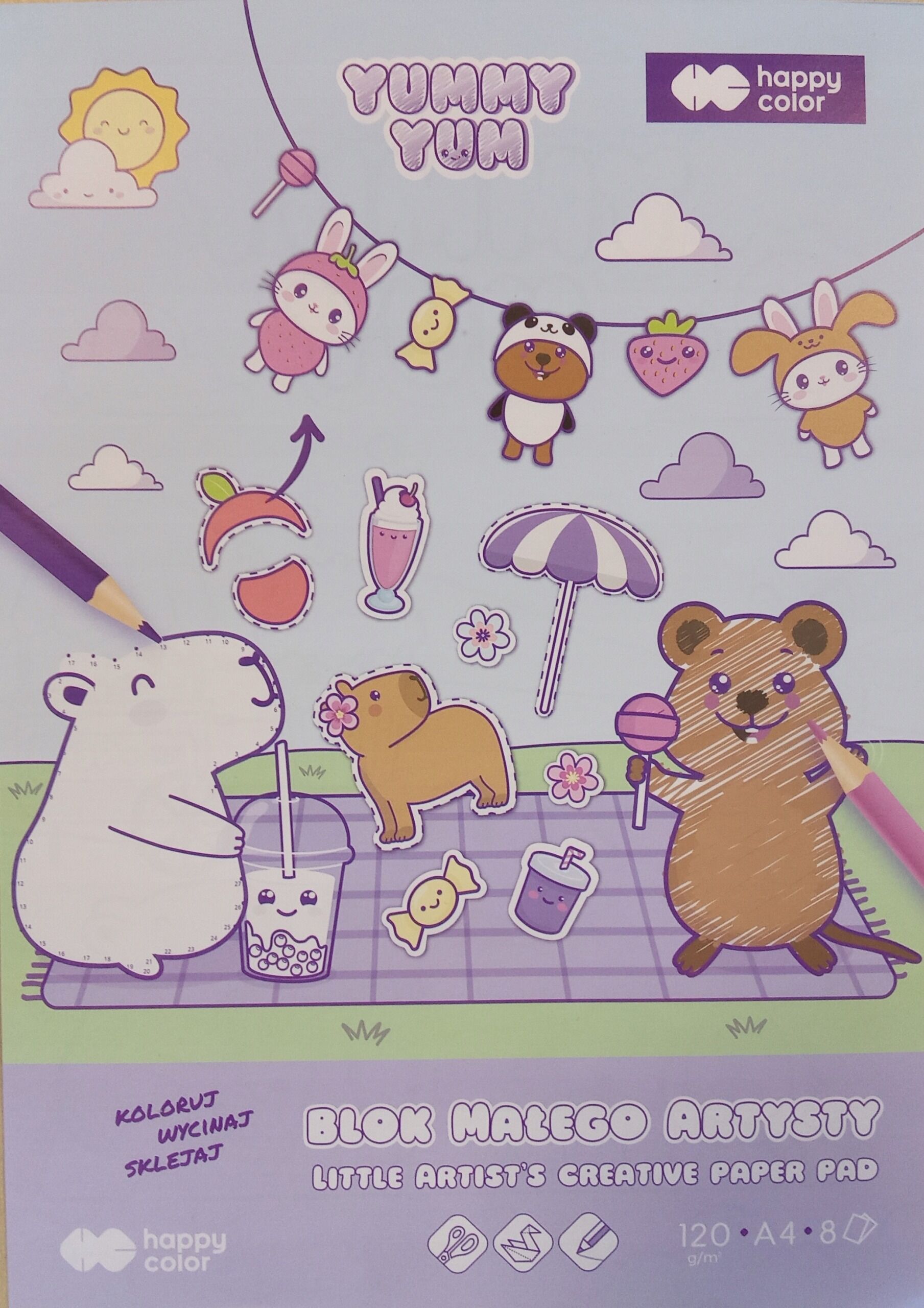 Blok kolorowanka Małego Artysty Kapibara, Yummy Yum, 120g/m2, A4, 8 ark, Happy Color