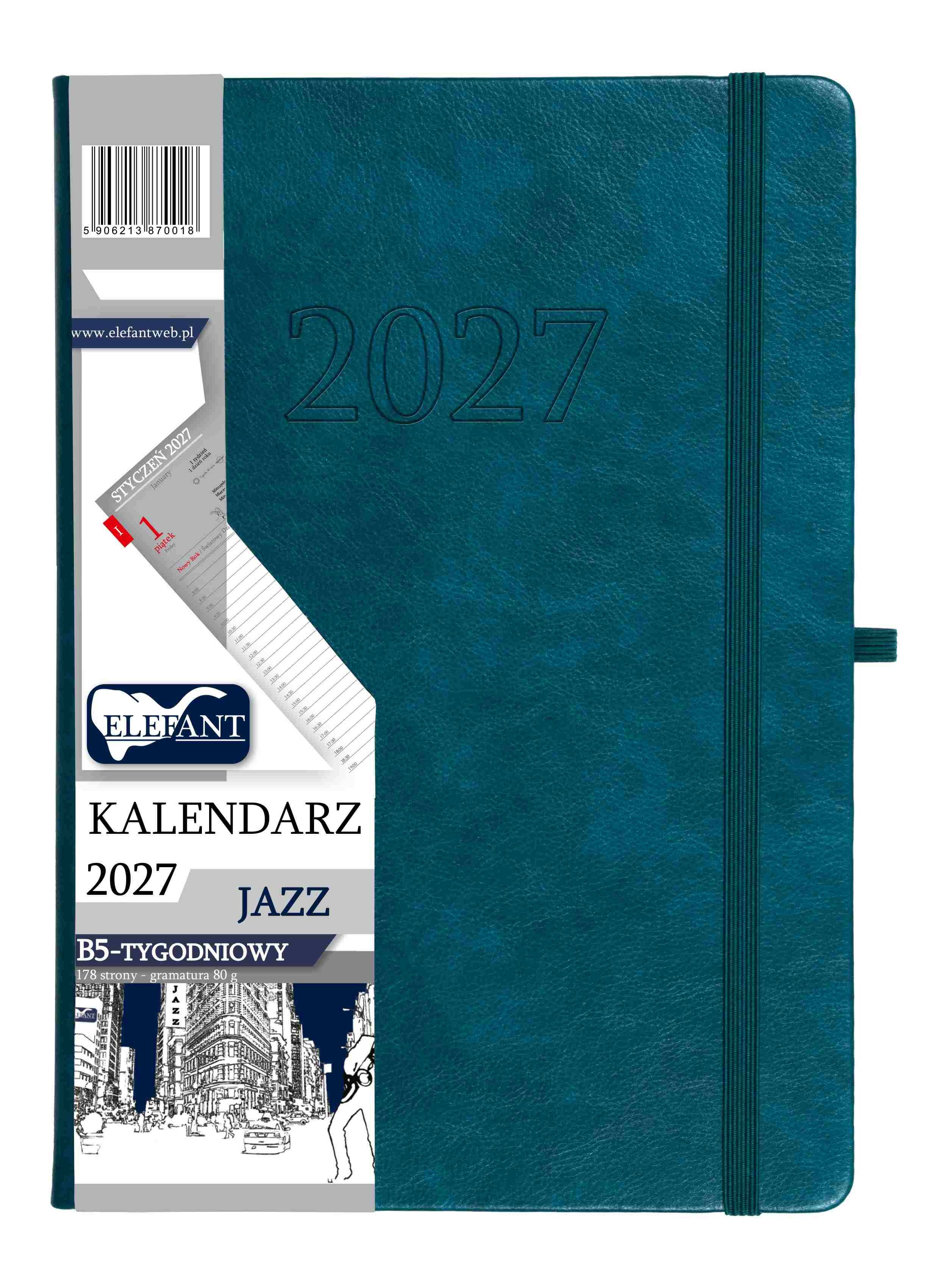 Kalendarz 2027 Jazz B5 tygodniowy szmaragdowy