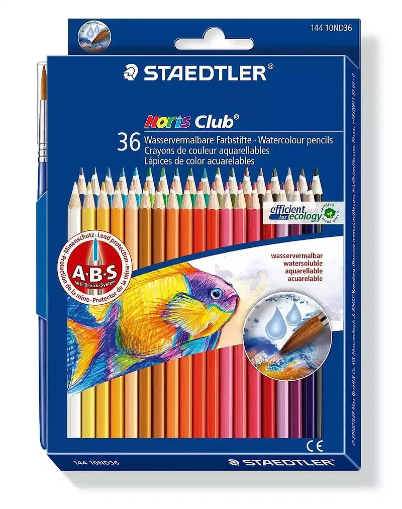 Kredki sześciokątne akwarelowe z pędzelkiem noris club 36 kolorów staedtler