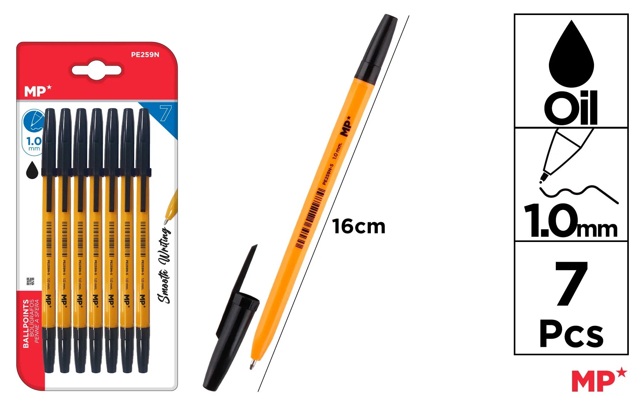 Długopis MP 1.0mm czarny blister 7 sztuk