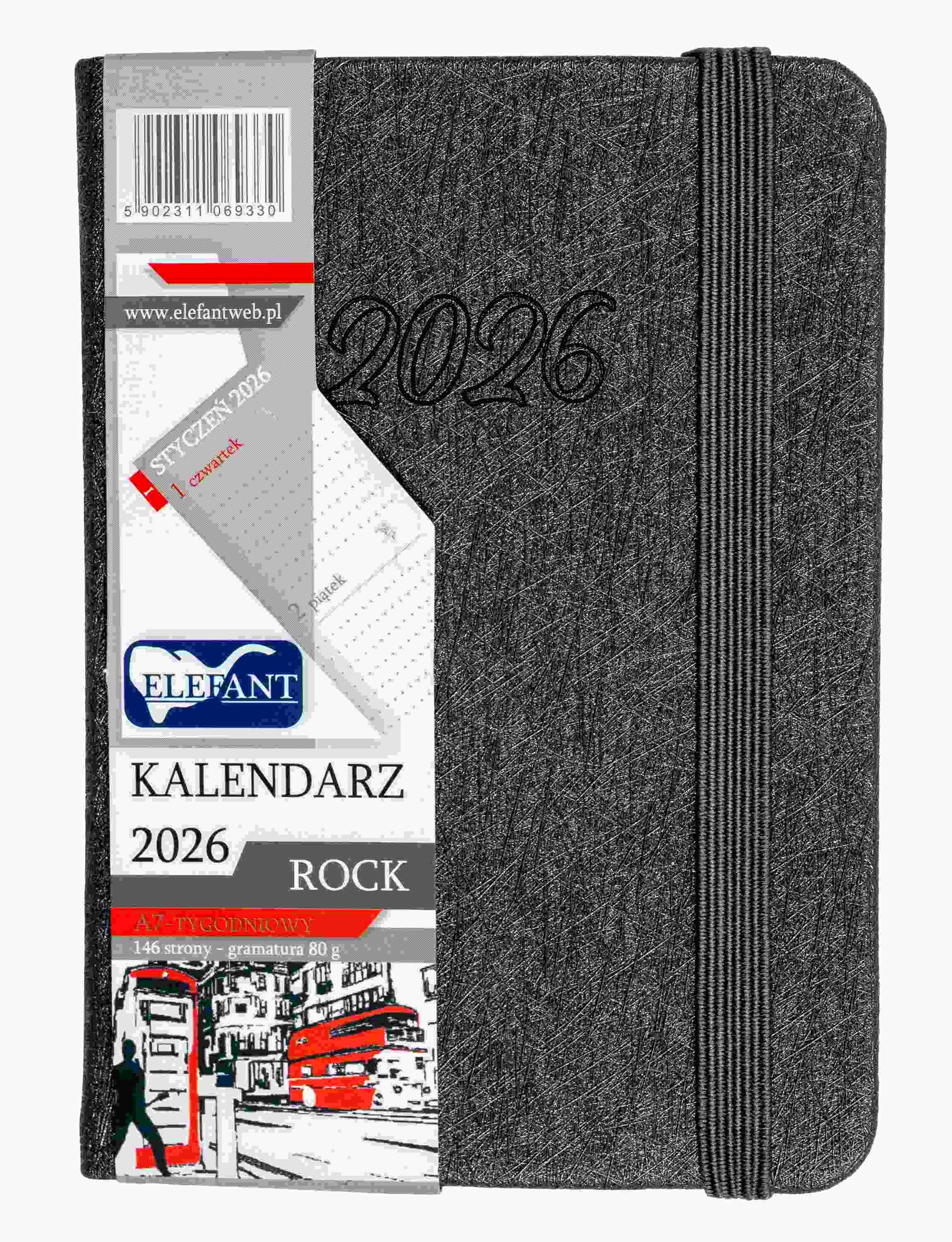 Kalendarz 2026 Rock A7 tygodniowy szary