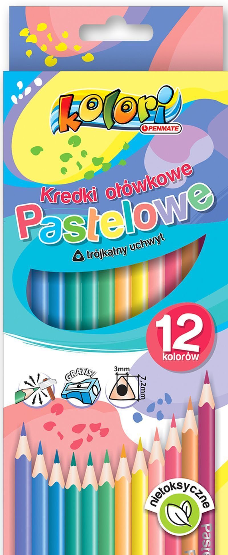 Kredki ołówkowe trójkątne pastelowe penmate kolori premium 12 kolorów + temperówka tt8308