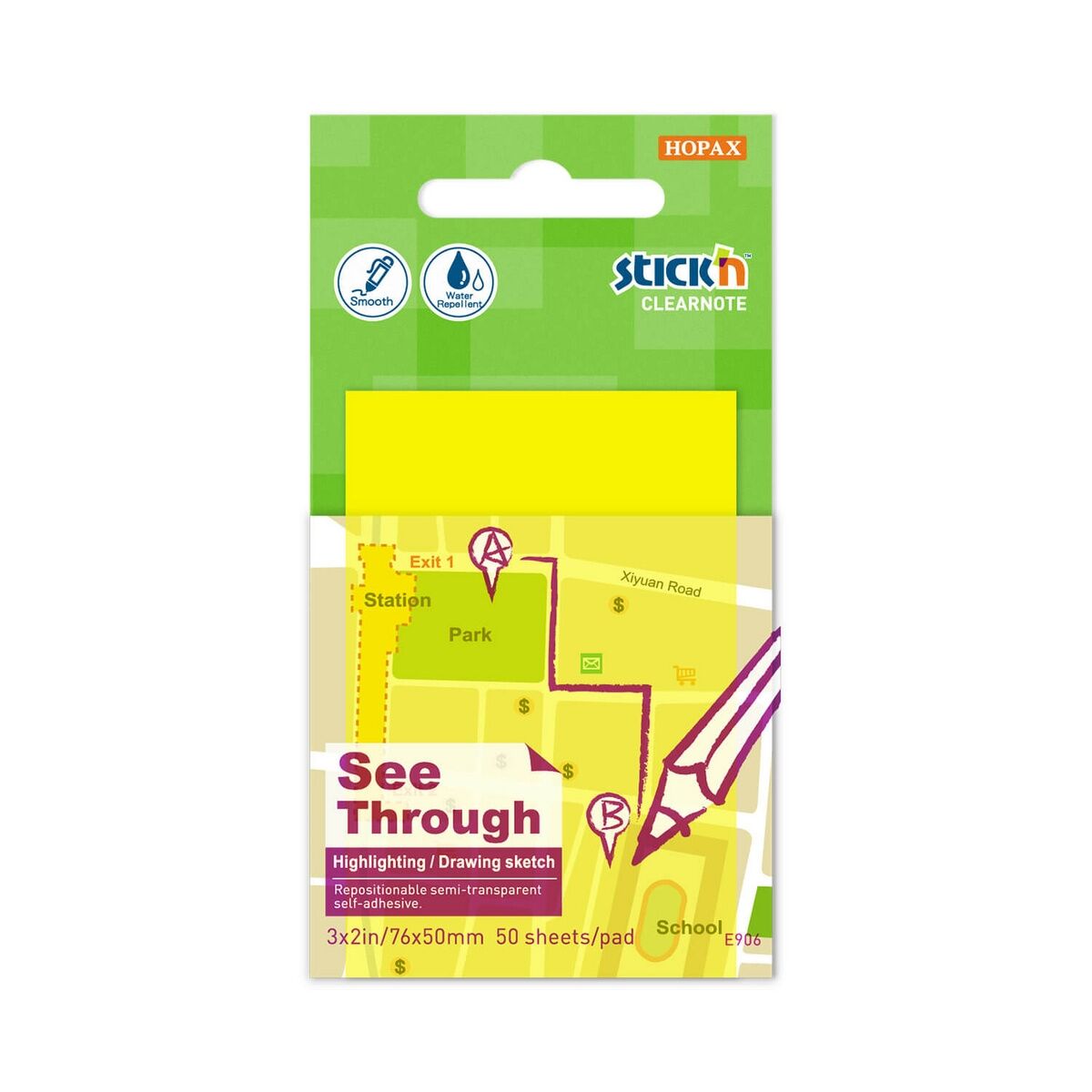 Notes samoprzylepny przezroczysty żółty 51x76 mm 50 kartek