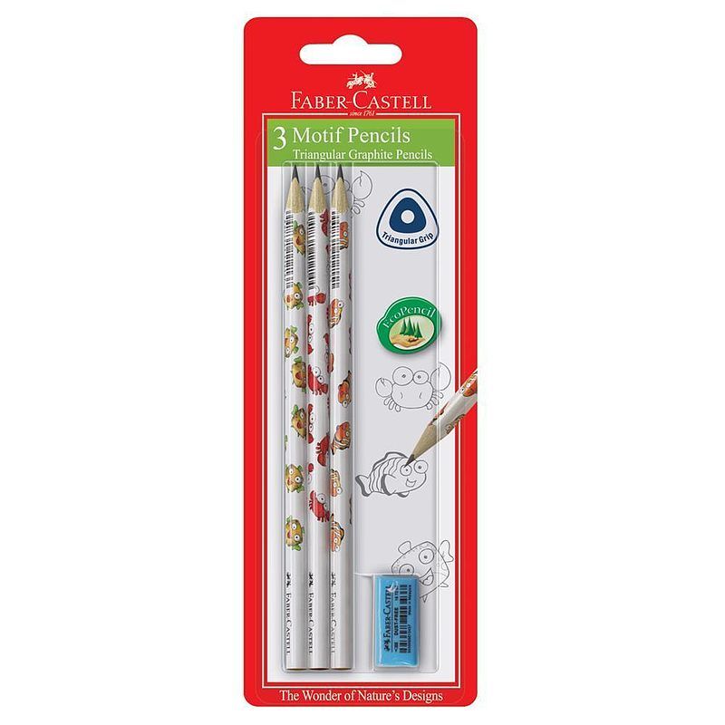 Ołówki trójkątne faber-castell morski świat 3 sztuki + gumka blister