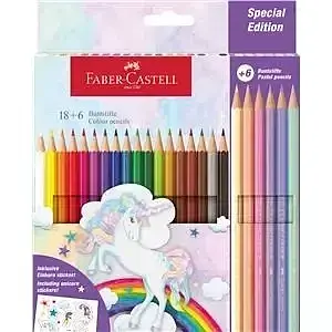 Kredki sześciokątne jednorożec faber-castell 18 kolorów + 6 kolorów pastelowych + naklejki