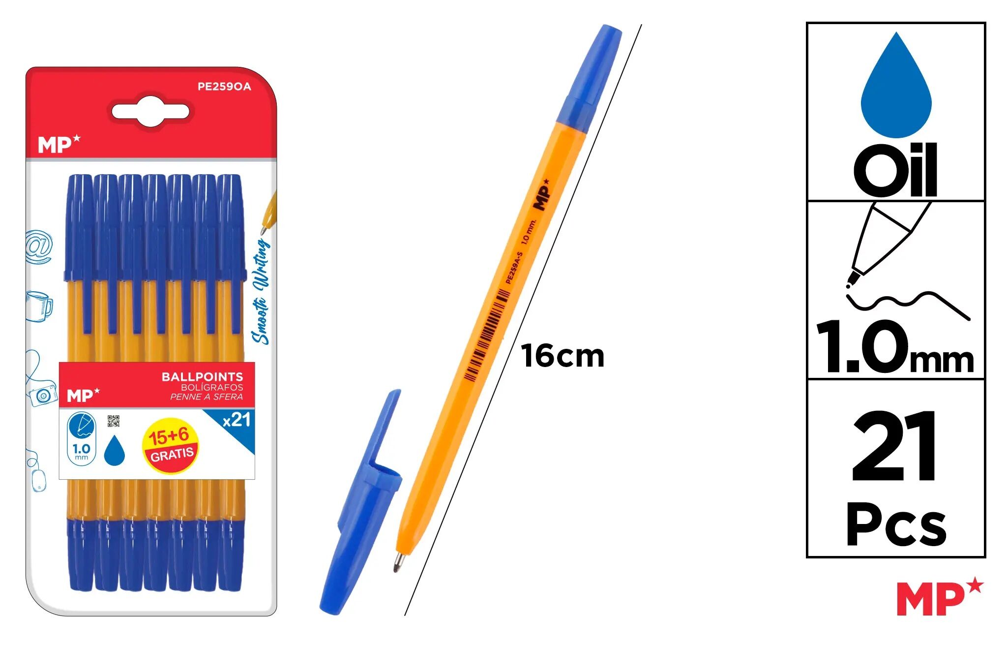 Długopis MP 1.0mm niebieski blister 21 sztuk