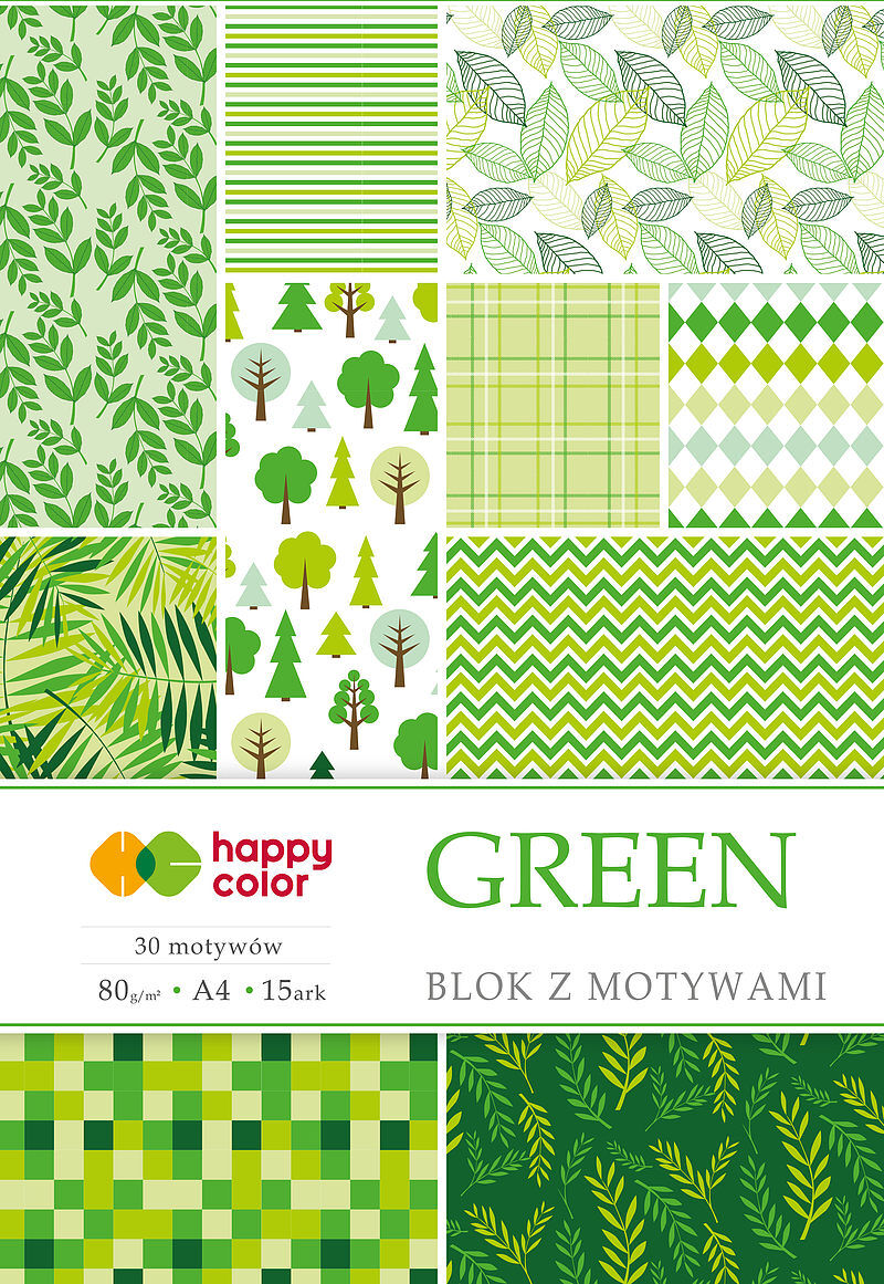 Blok happy color z motywami green a4 15 arkuszy 80g/m2, 30 motywów