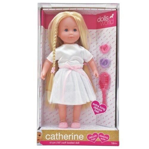 Lalka Catherine jasne włosy, biała sukienka 41 cm