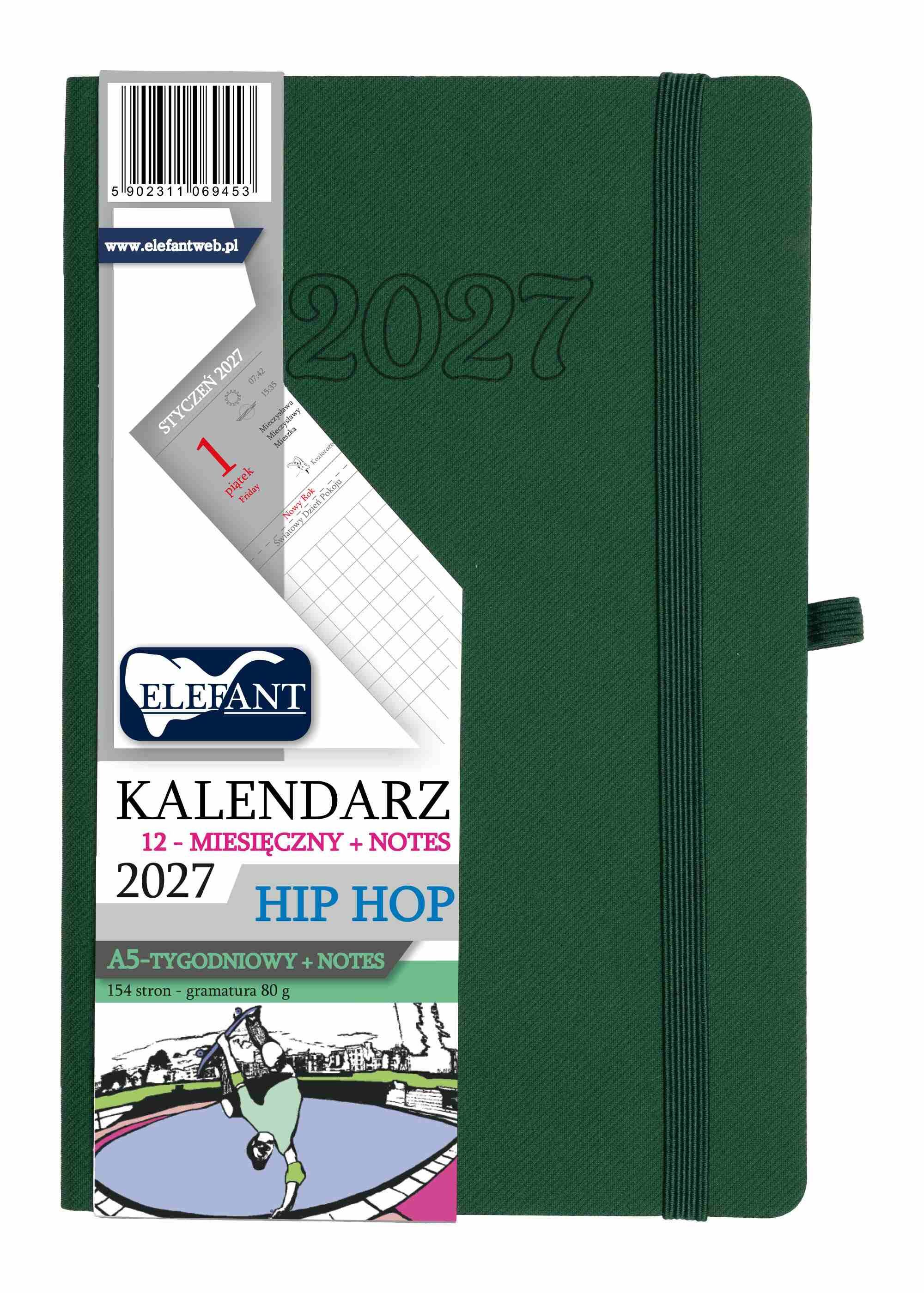 Kalendarz 2027 12 m-cy. Hip hop A5 tygodniowy zielony
