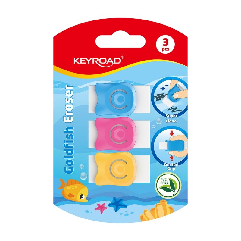 Gumka do ścierania KEYROAD Goldfish z osłoną blister 3szt.