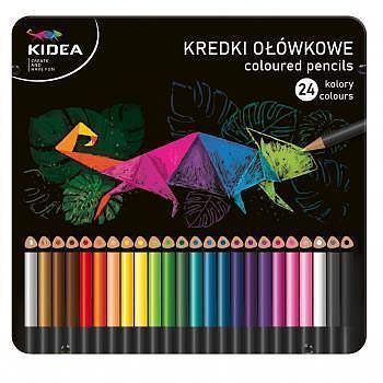 Kredki trójkątne w metalowym pudełku 24 kolory Kidea