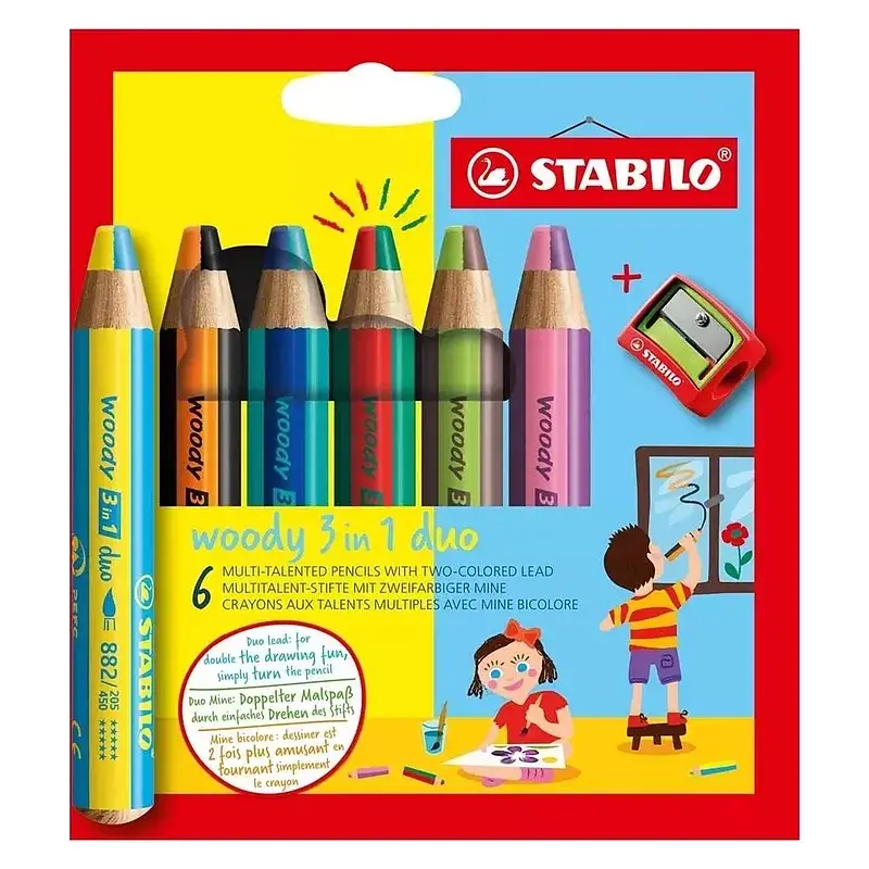 Kredki drewniane stabilo woody 3w1 duo temperówka 6 kolorów