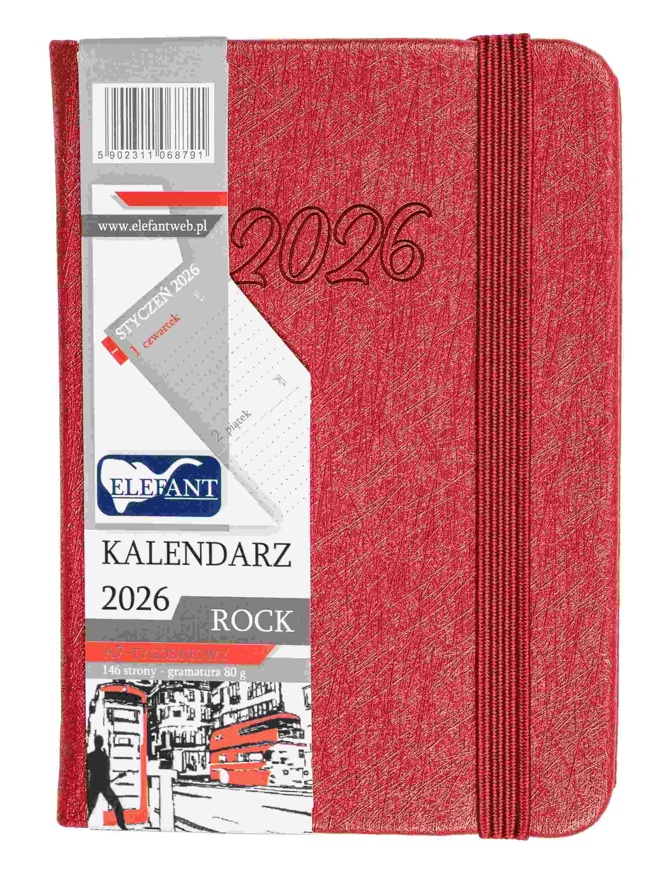 Kalendarz 2026 Rock A7 tygodniowy czerwony