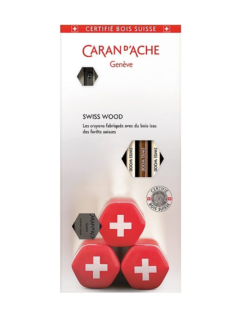Zestaw ołówków caran d'ache swiss wood hb 3szt + gumka i temperówka mix kolorów