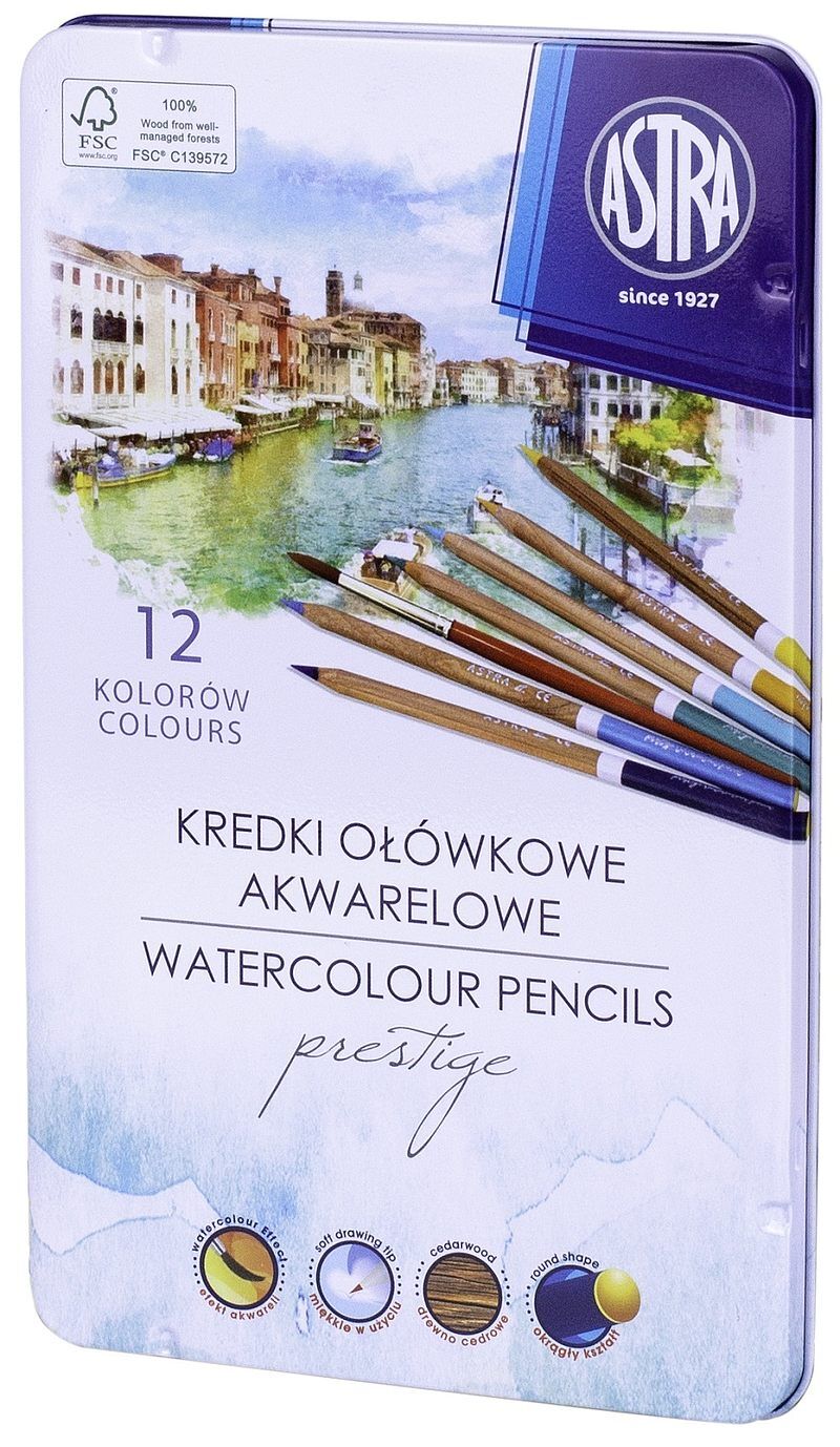 Kredki akwarelowe z drewna cedrowego w metalowym pudełku Astra Prestige 12 kolorów