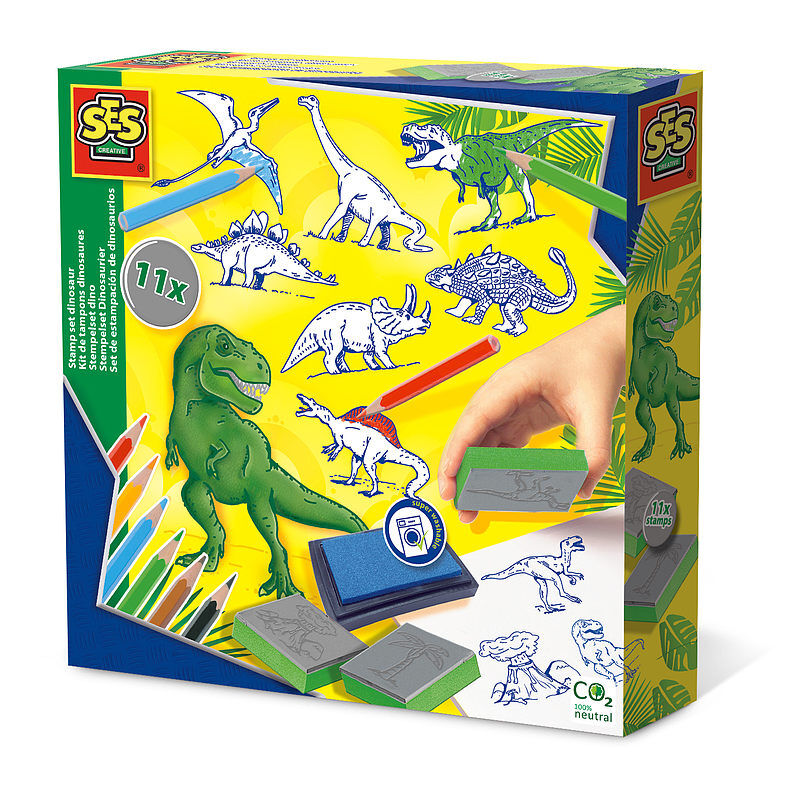 Zestaw pieczątek z kredkami dinozaury