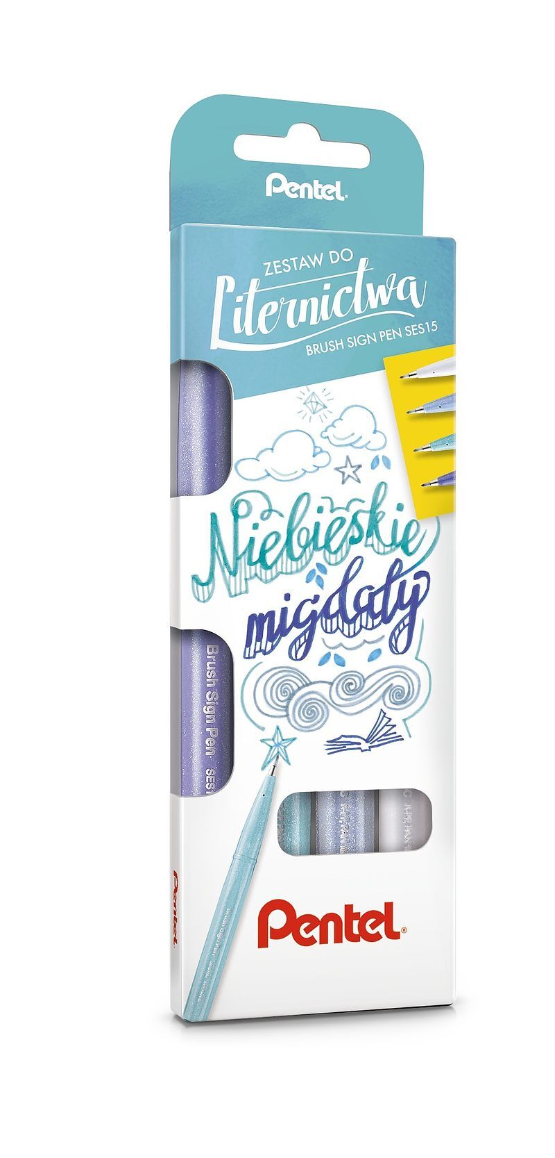 Zestaw 4 pisaków pędzelków do kaligrafii i liternictwa niebieskie migdały 4 kolory