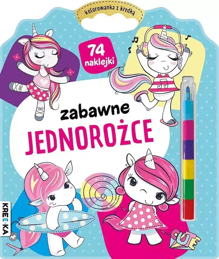 Zabawne jednorożce. Kolorowanka z kredką