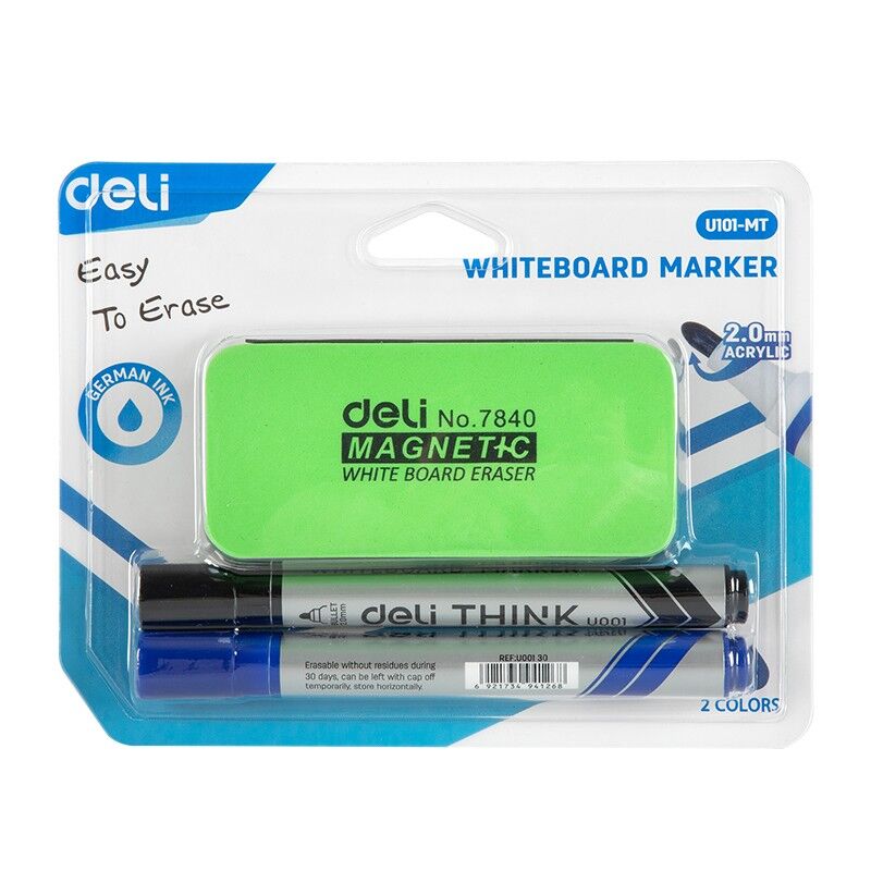 Zestaw do tablic marker suchościeralny okrągły 2mm czarny x1 niebieski x1 + gąbka