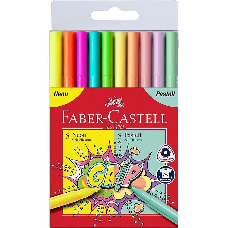 Flamastry grip faber-castell 5 kolorów neonowych + 5 kolorów pastelowych w etui