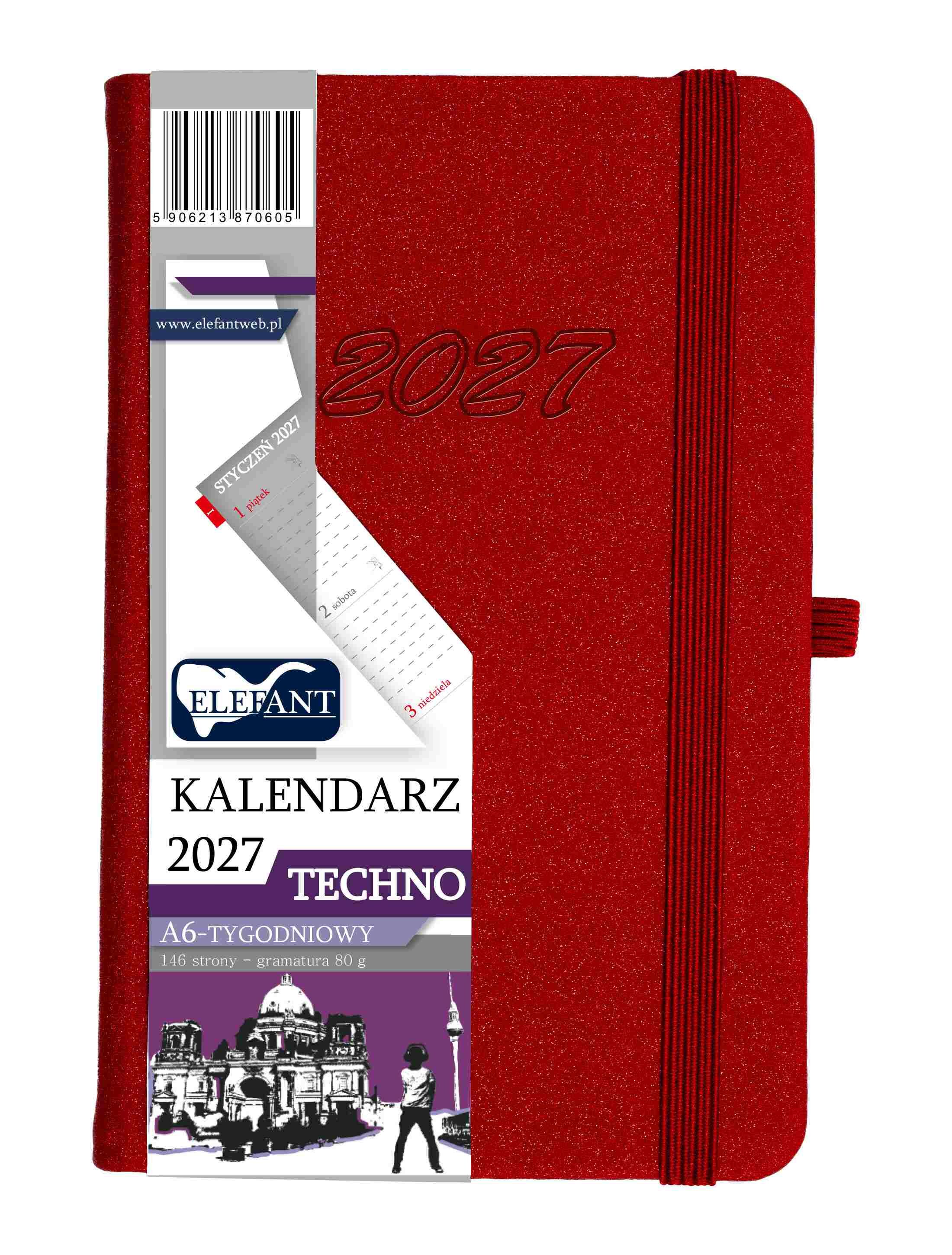 Kalendarz 2027 Techno A6 tygodniowy czerwony