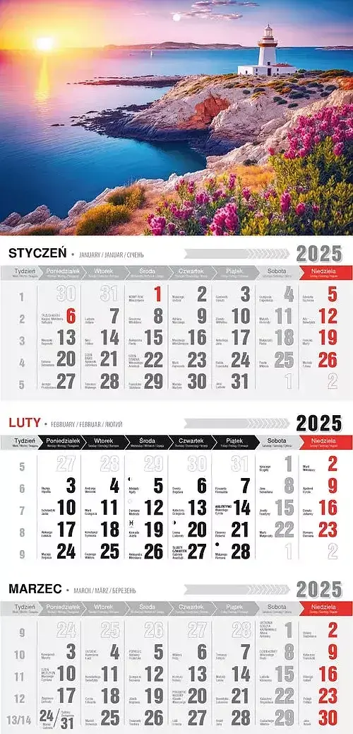 Kalendarz 2025 trójdzielny ekonomiczny z magnesem latarnia kte vm-11