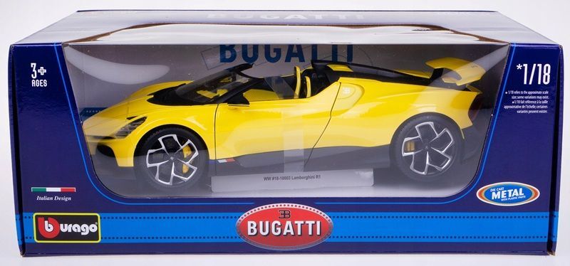 Bburago Model 1:18 Bugatti Mistral W16 żółty Roadster sportowy samochód18-11051