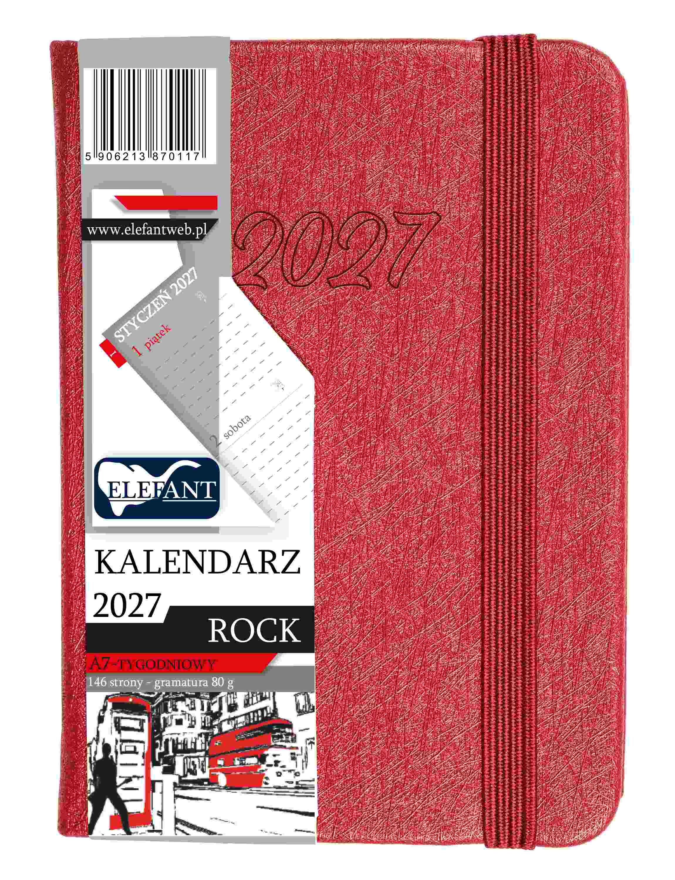 Kalendarz 2027 Rock A7 tygodniowy czerwony