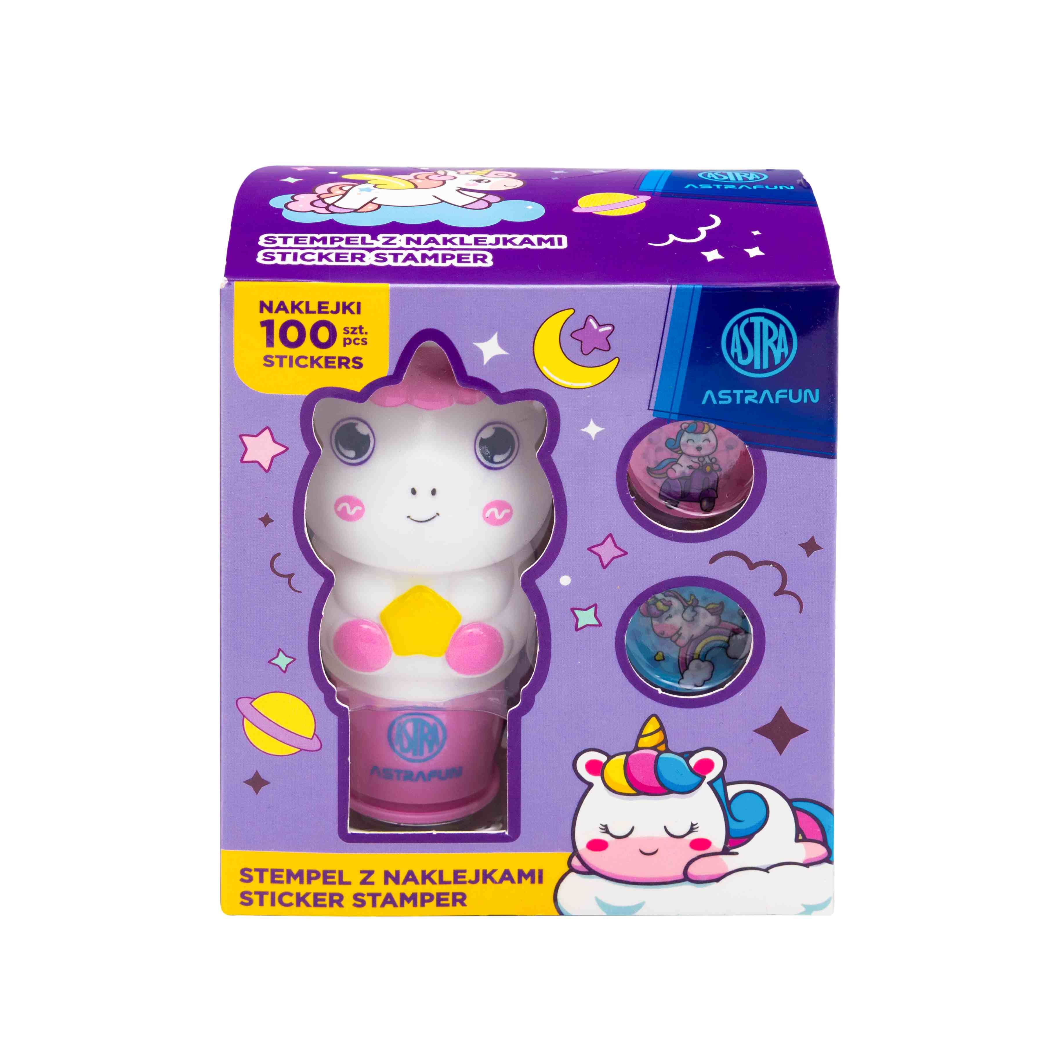 Stempel z naklejkami Astrafun Jednorożec 100 naklejek wielokrotnego użytku + książeczka