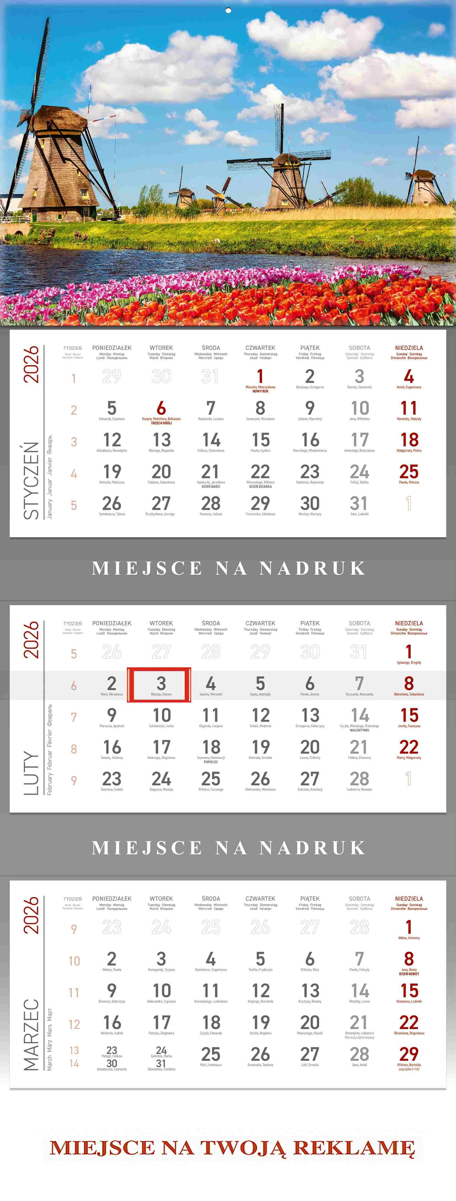 Kalendarz 2026 trójdzielny Wiatraki
