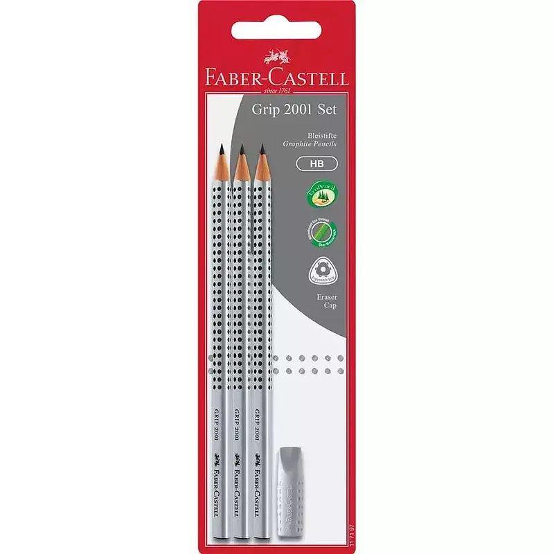 Grip 2001 set srebrny 3x ołówek hb +gumka nakładka blister faber-castell