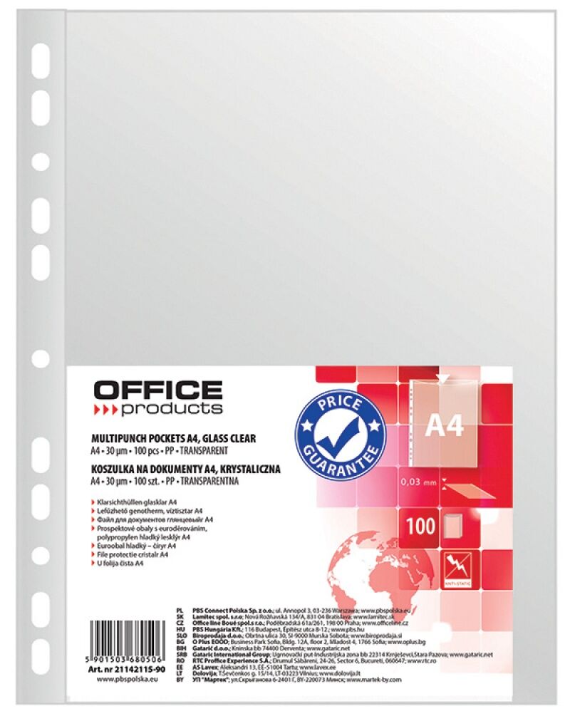 Paczka koszulki na dokumenty A4 Office Products PP krystaliczne 30mikr.100 sztuk