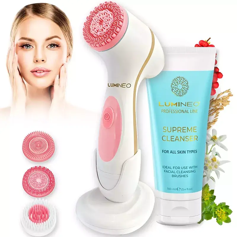 Szczoteczka do twarzy model 868 różowa + żel all skin types 100 ml lumineo