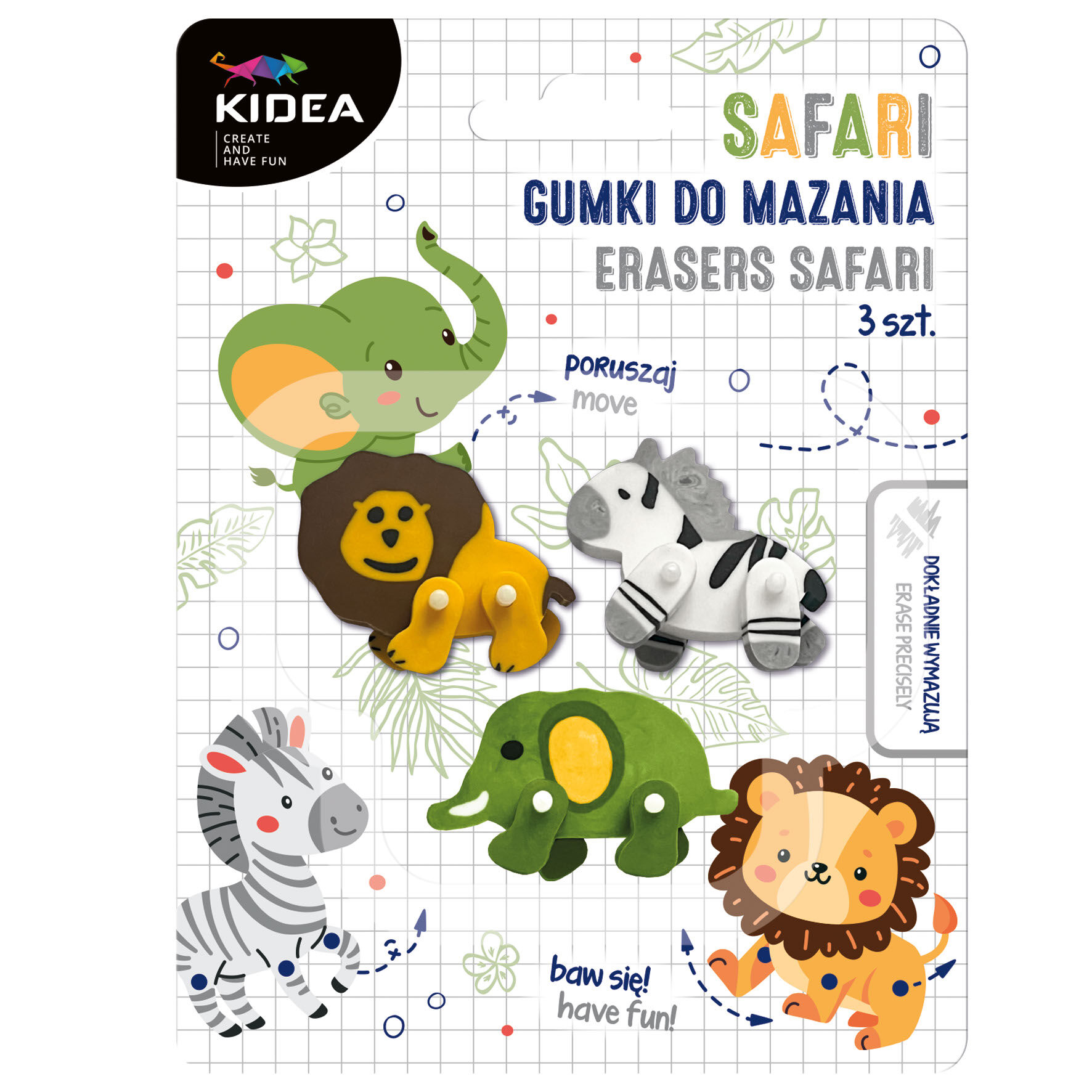 Gumki do mazania safari 3 szt Kidea