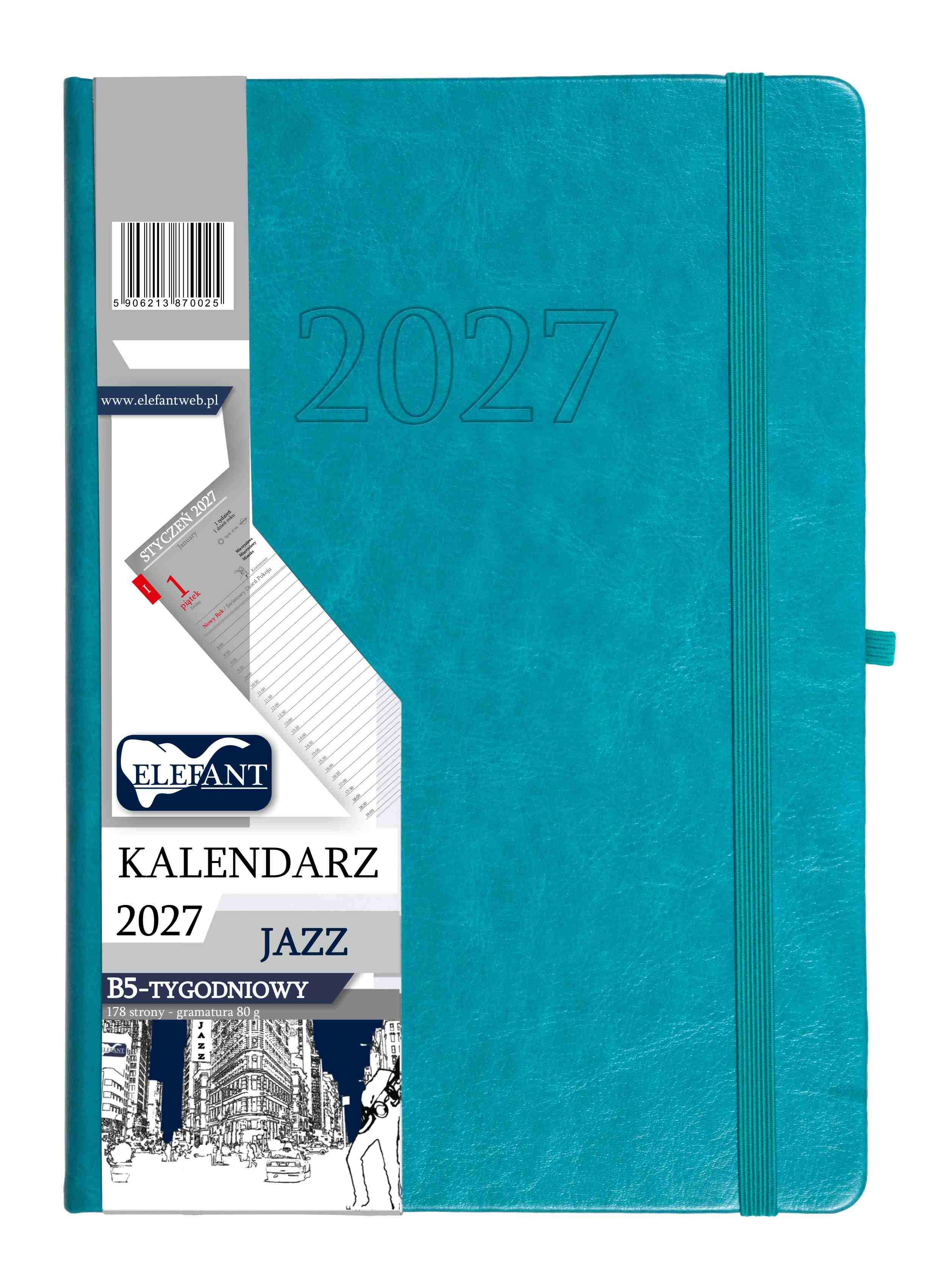 Kalendarz 2027 Jazz B5 tygodniowy turkusowy