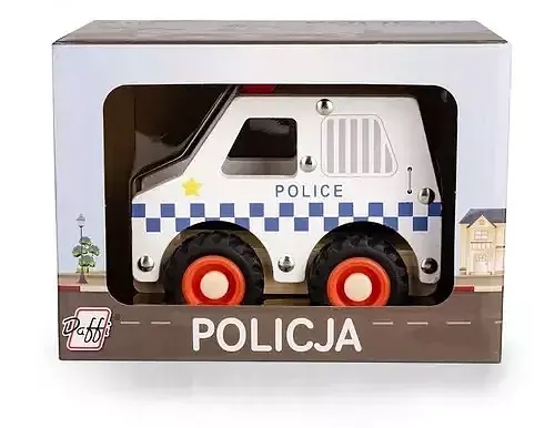 Drewniane auto z oponami Policja