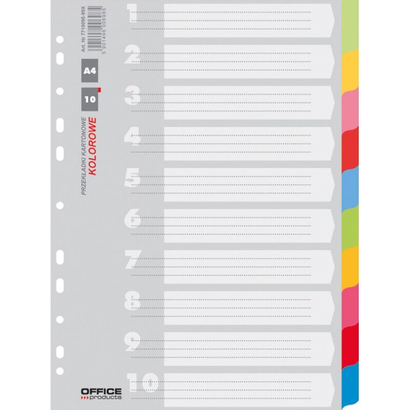 Przekładki A4 Office Products karton 223x297mm 10 kart mix kolorów