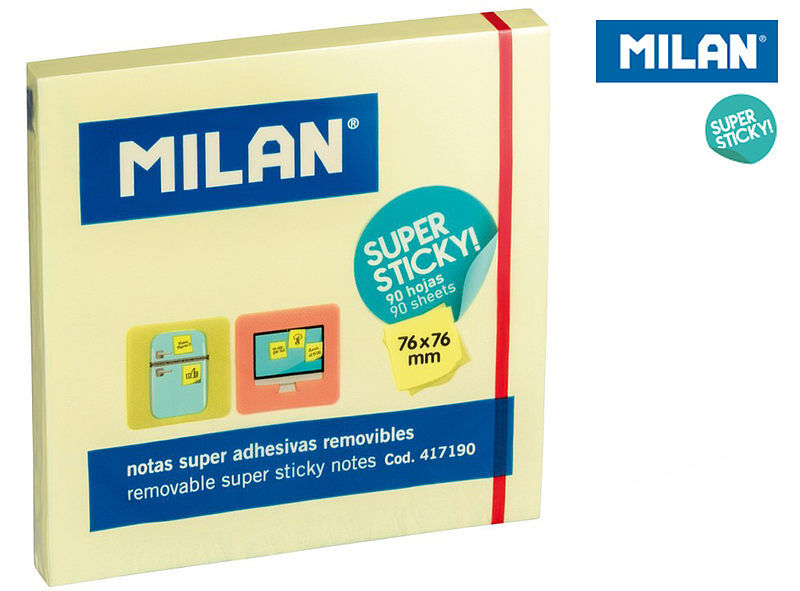 Karteczki samoprzylepne milan super sticky mocny klej 76x76 90 szt