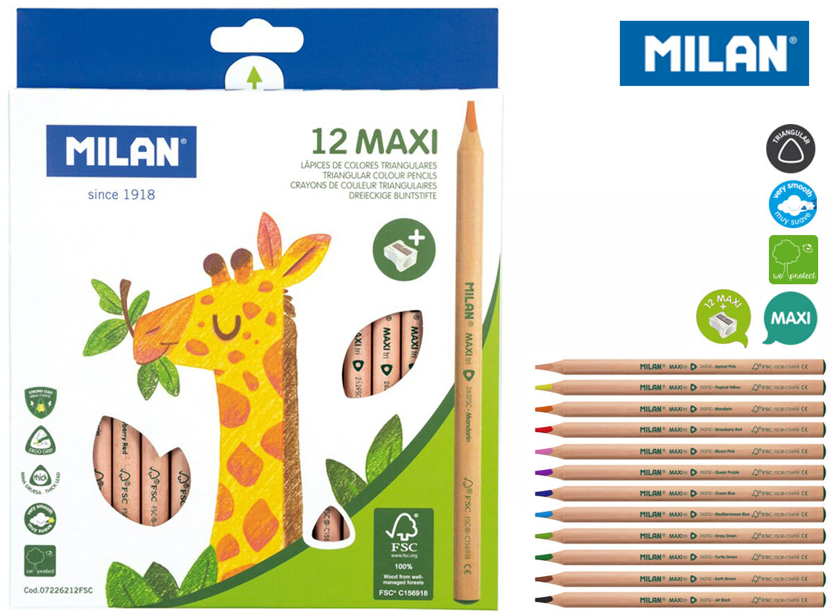 Kredki ołówkowe trójkątne maxi natural Milan 12 kolorów